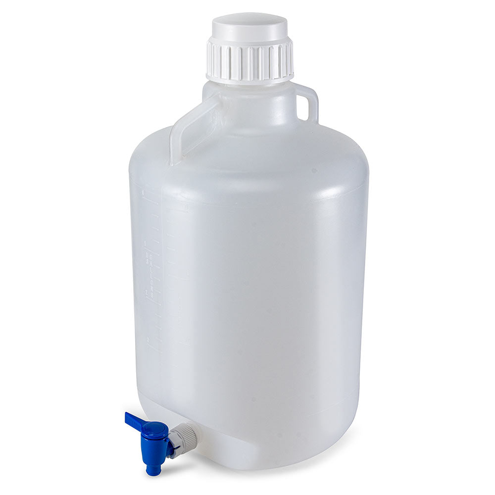Round Carboys with Spigot & Handles, HDPE, White PP Screwcap — 10 & 20 Liter, Molded Graduations, 1/Each | Globe Scientific