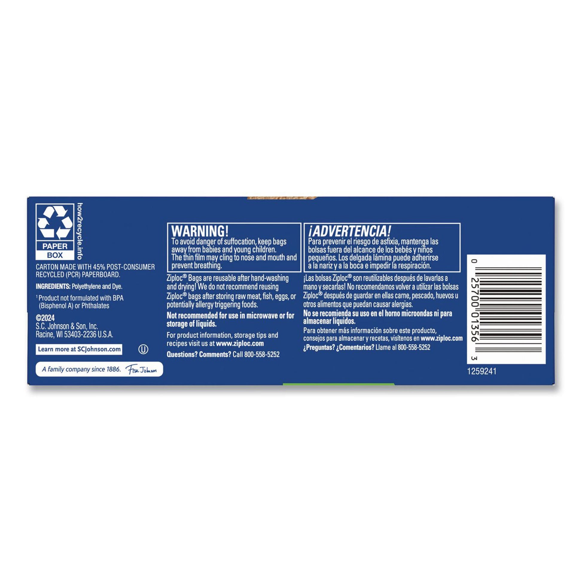 Ziploc Reclosable Bag 5-7/ -1/2 Inch Plastic Clear Zipper Closure