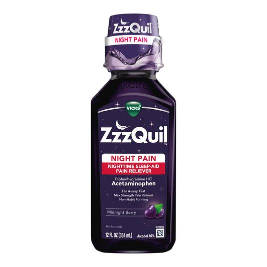 ZzzQuil Night Pain Nighttime Sleep-Aid Pain Reliever Liquid, Midnight Berry