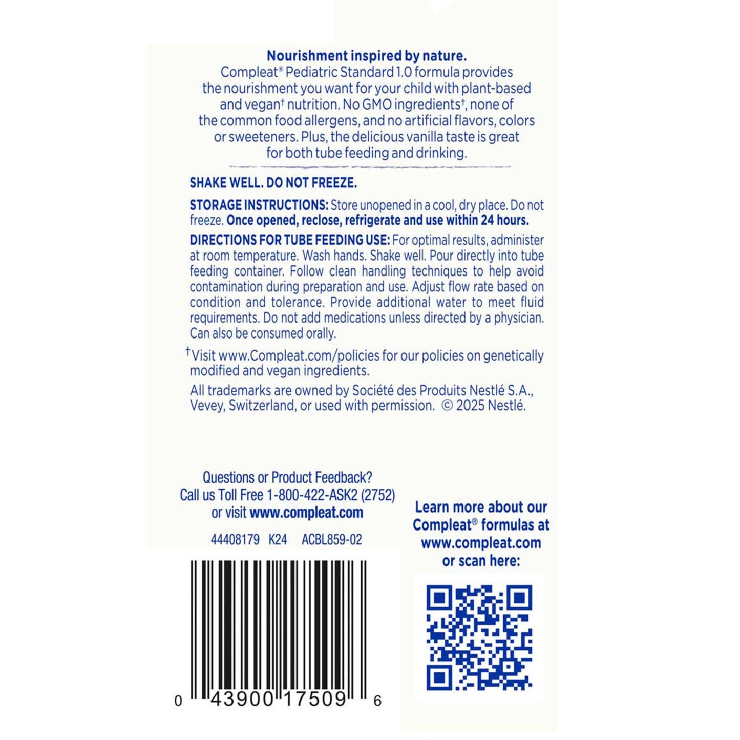 Compleat® Pediatric Standard Plant-Based 1.0 Cal Tube Feed Formula, Vanilla