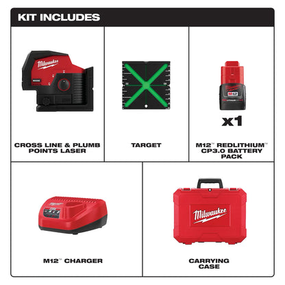 Milwaukee M12 Green Cross Line & Plumb Points Laser Kit 3622-21 | M12 Battery, Glass Filled Nylon