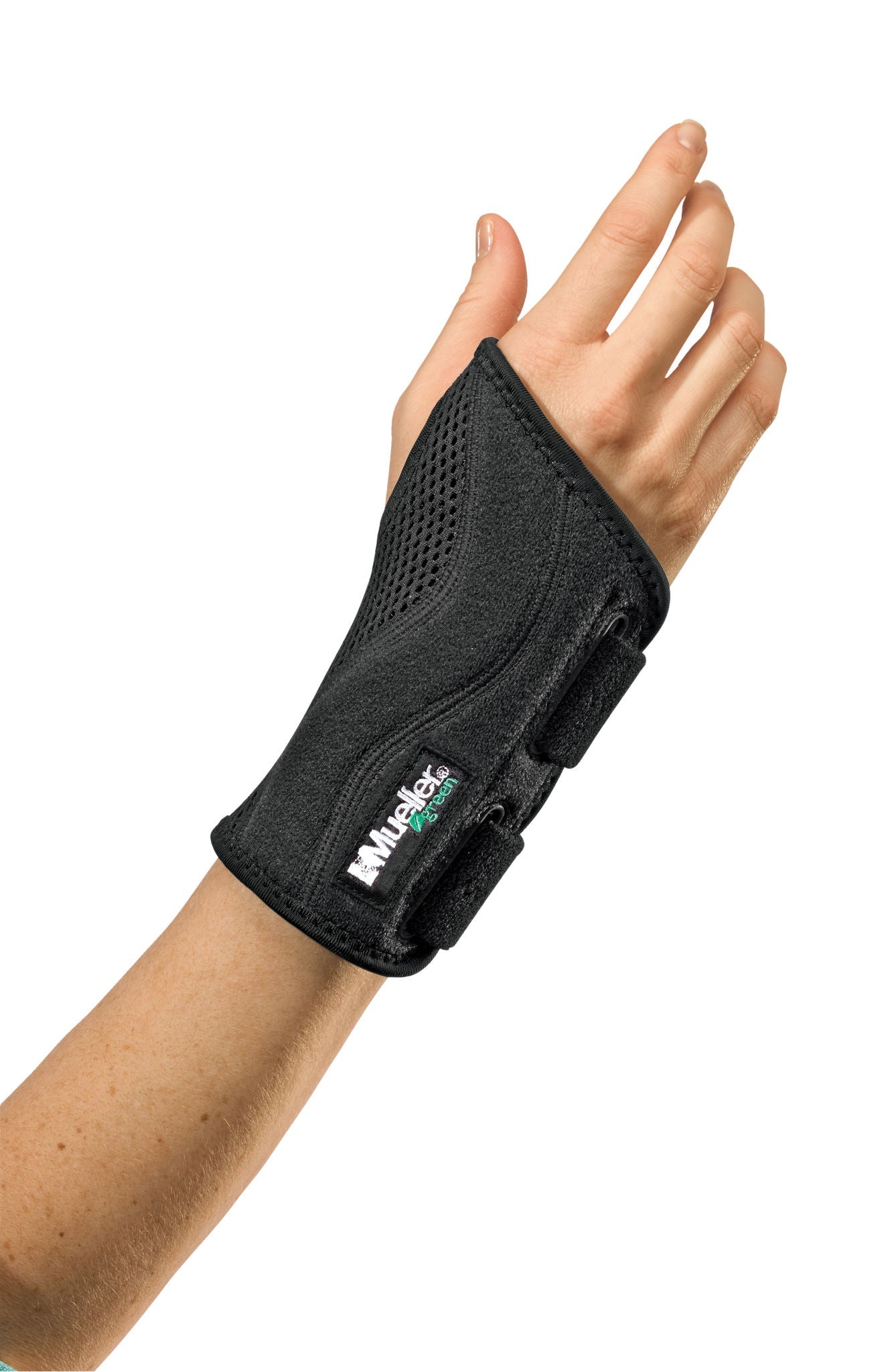 Mueller Green Wrist Brace Plastic / Spandex Right Hand Black
