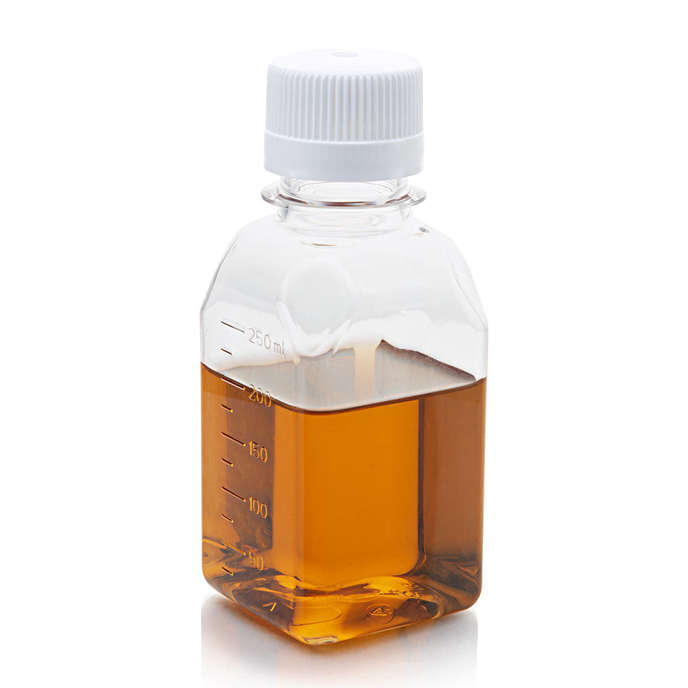 Square Media Bottles, Sterile PETG with HDPE Closure — 30–2000 mL, Tamper-Evident, 6–24/Tray | Globe Scientific