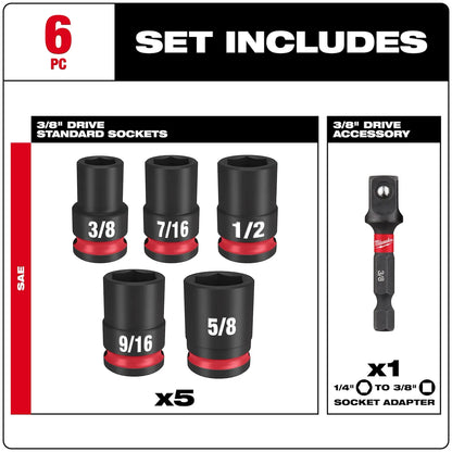 Milwaukee 6PC SHOCKWAVE Impact Duty 3/8" Drive SAE Standard Socket Set 49-66-7035 | 3/8 in Drive, 6-Piece