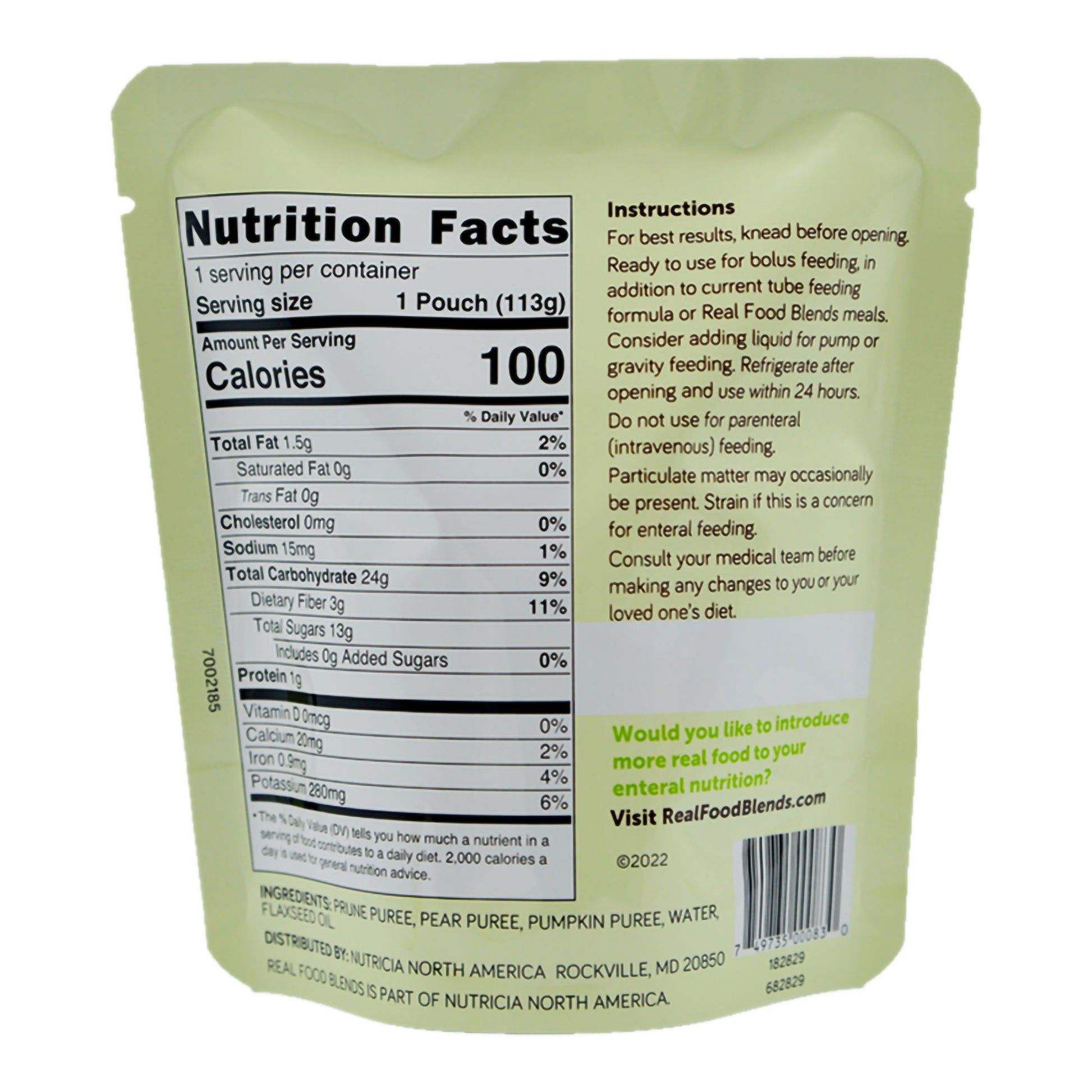 Real Food Blends Mini Tube Feeding Formula Prunes / Pears / Pumpkin Flavor Liquid Pouch