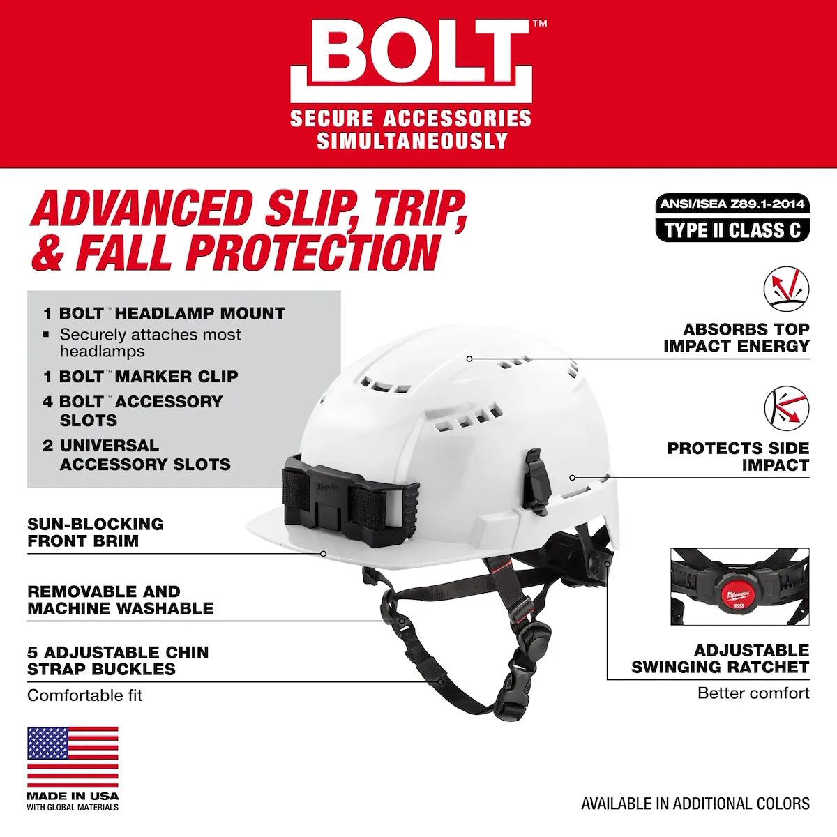 Milwaukee BOLT Red Front Brim Vented Safety Helmet with IMPACT ARMOR Liner (USA) - Type 2, Class C 48-73-1364 | 3-Piece, Molded Plastic