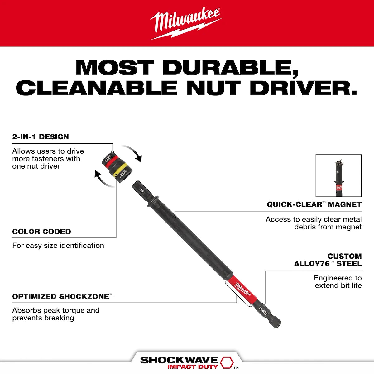 Milwaukee SHOCKWAVE Impact Duty 1/4” and 5/16” x 6” QUIK-CLEAR 2-in-1 Magnetic Nut Driver 49-66-4745 | 1/4" Drive