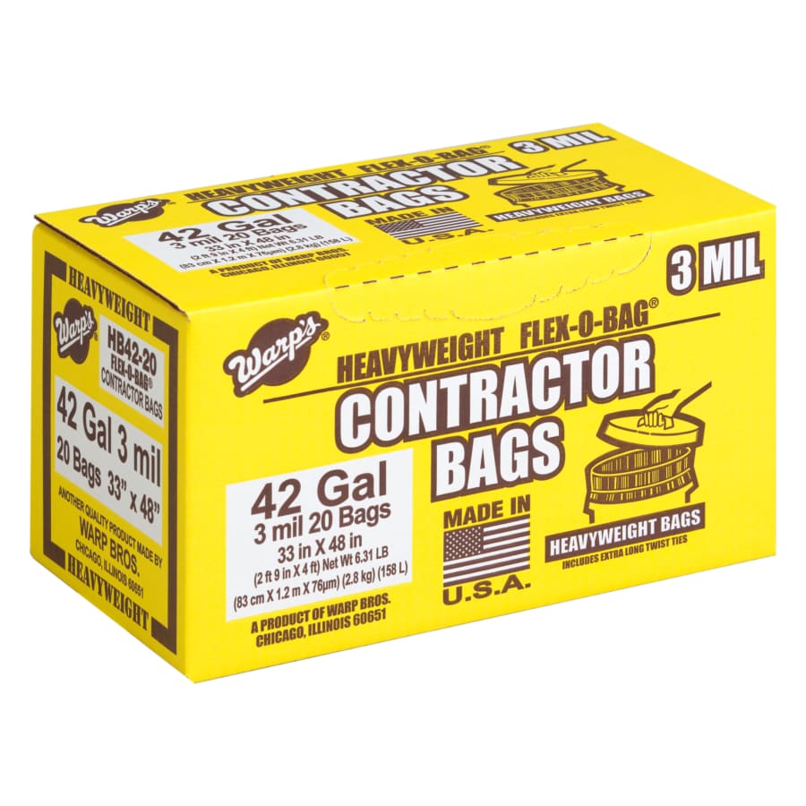 Warp Brothers FLEX-O-BAG® Contractor Bag, 42 gal, 3 mil Thick, 33 in W x 48 in H, Black (HBP42-20-R)