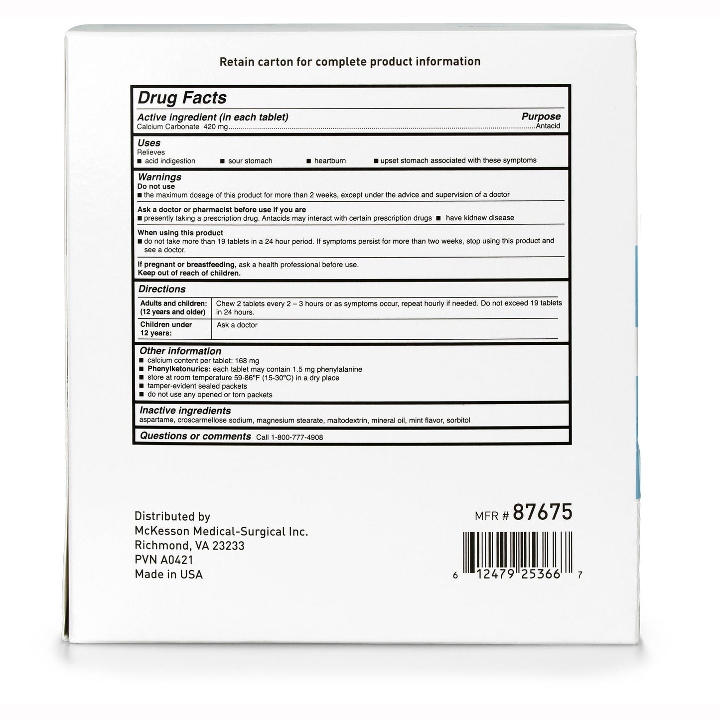 McKesson Calcium Carbonate Antacid Tablets, Mint Flavor