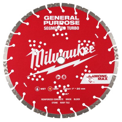 Milwaukee 14" DIAMOND MAX Segmented Turbo, General Purpose Diamond Blade 49-93-9014 | Diamond Coated