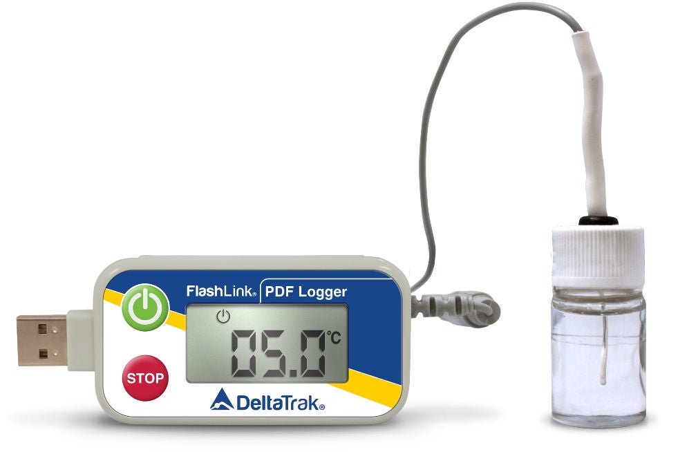 Flashlink PDF Logger Vaccine Temperature Data Logger with Alarm Fahrenheit -58° to +104°F (-50° to +40°C) Glycol Bottle Probe Magnet Battery Operated