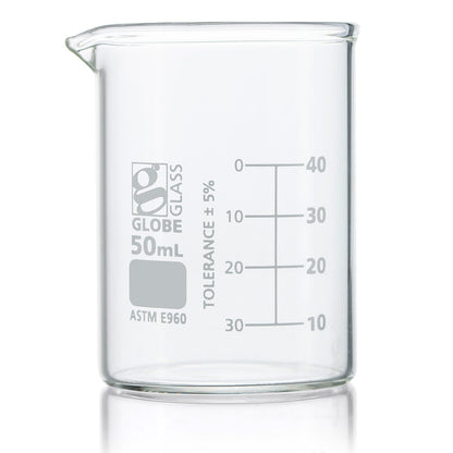 Glass Beakers, Low Form Griffin, Dual Graduations, ASTM E960 — 20 mL to 4000 mL, 1–12/Box | Globe Scientific