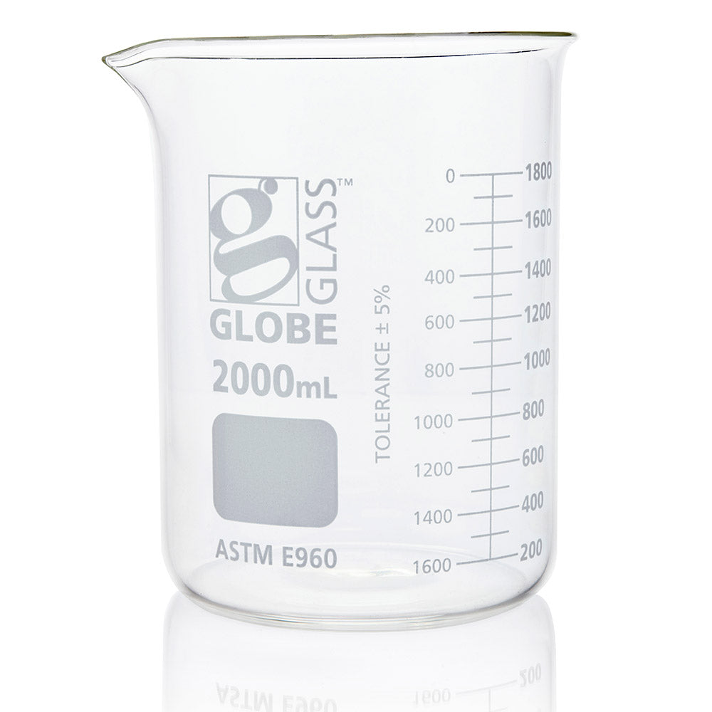 Glass Beakers, Low Form Griffin, Dual Graduations, ASTM E960 — 20 mL to 4000 mL, 1–12/Box | Globe Scientific