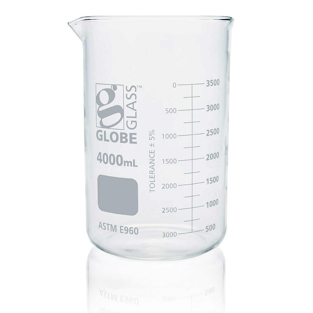 Glass Beakers, Low Form Griffin, Dual Graduations, ASTM E960 — 20 mL to 4000 mL, 1–12/Box | Globe Scientific