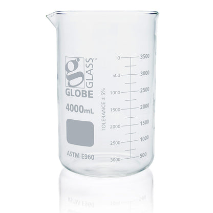 Glass Beakers, Low Form Griffin, Dual Graduations, ASTM E960 — 20 mL to 4000 mL, 1–12/Box | Globe Scientific