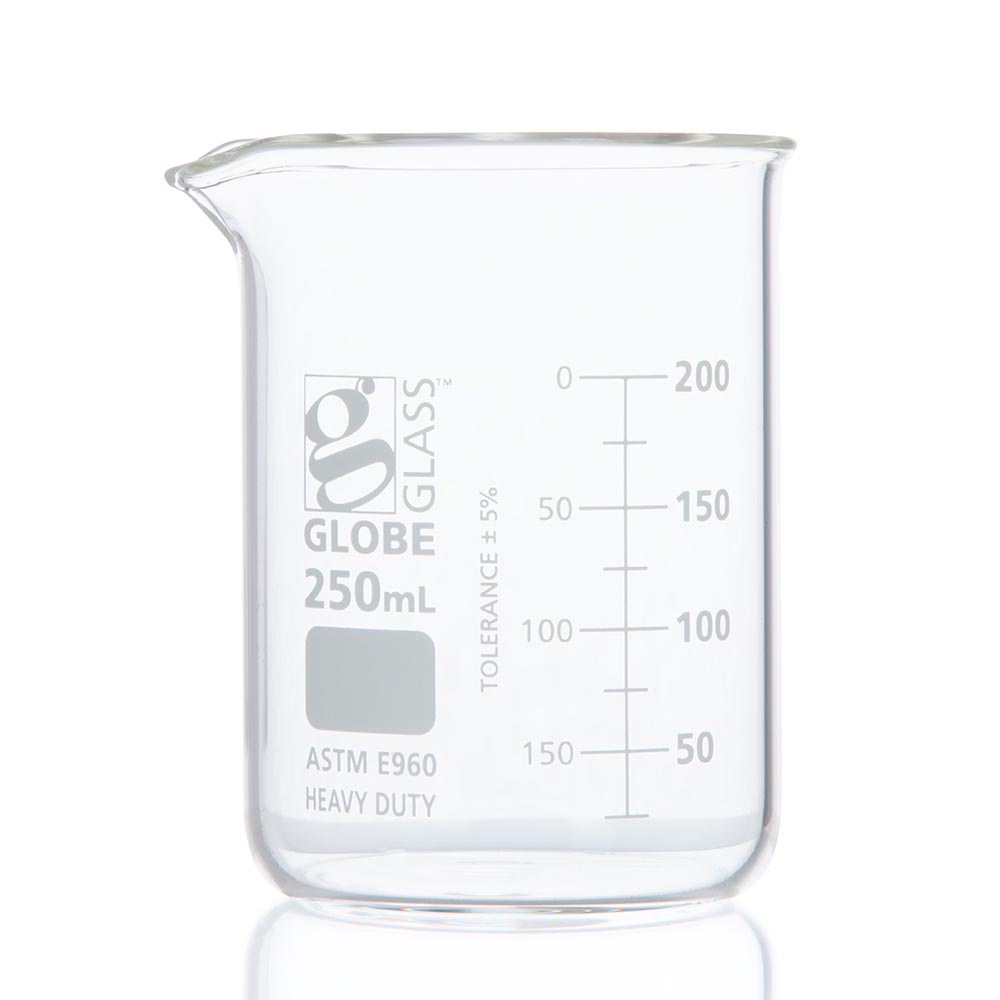250 mL Glass Griffin Beakers, Low Form Heavy Duty, Dual Graduations, ASTM E960 — 12/Box | Globe Scientific