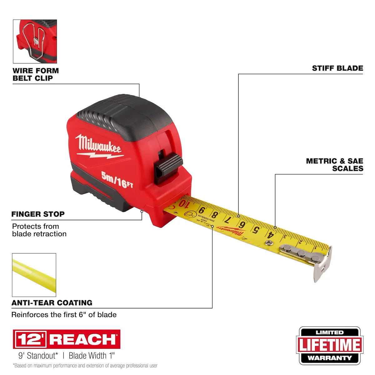 Milwaukee 5m/16ft Compact Tape Measure 48-22-1717 | 192 in Blade Length