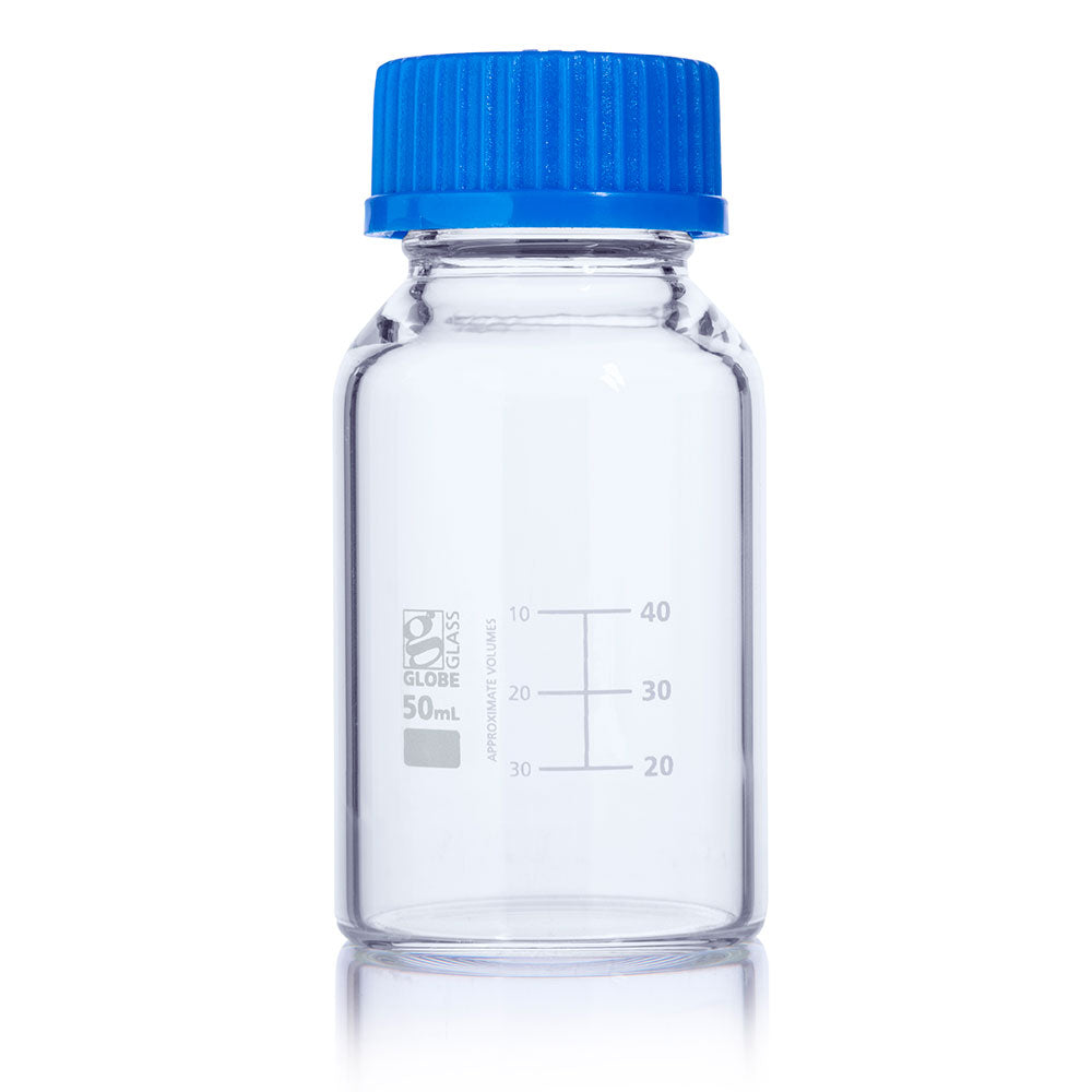 Media Bottles, Borosilicate Glass, GL32/GL45 Screw Cap, Dual Graduations — 50–1000 mL, 10/Box | Globe Scientific