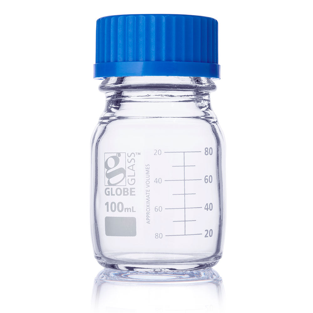 Media Bottles, Borosilicate Glass, GL32/GL45 Screw Cap, Dual Graduations — 50–1000 mL, 10/Box | Globe Scientific