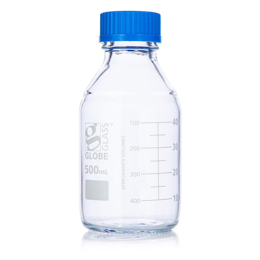 Media Bottles, Borosilicate Glass, GL32/GL45 Screw Cap, Dual Graduations — 50–1000 mL, 10/Box | Globe Scientific