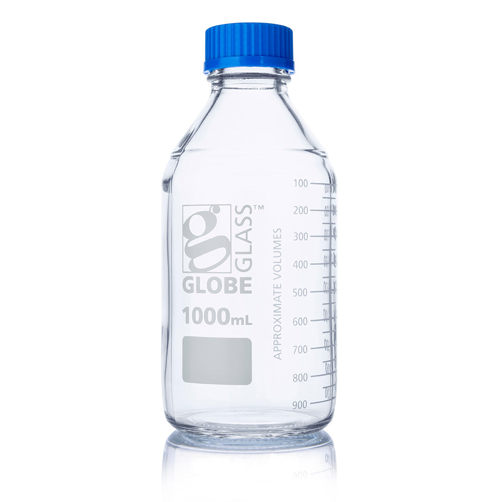 Media Bottles, Borosilicate Glass, GL32/GL45 Screw Cap, Dual Graduations — 50–1000 mL, 10/Box | Globe Scientific
