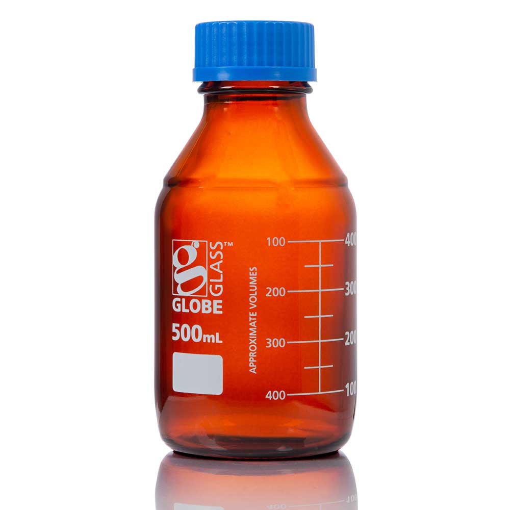 Amber Media Bottles, Borosilicate Glass, GL32/GL45 Screw Cap, Dual Graduations — 50–1000 mL, 10/Box | Globe Scientific