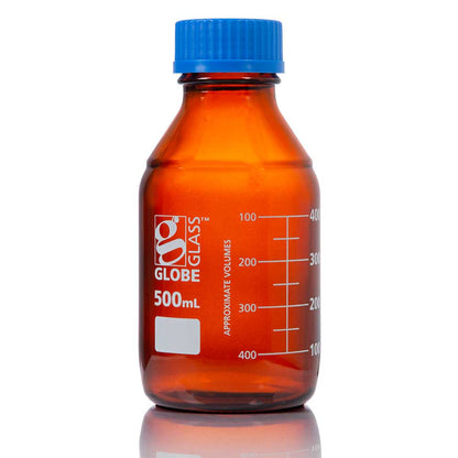 Amber Media Bottles, Borosilicate Glass, GL32/GL45 Screw Cap, Dual Graduations — 50–1000 mL, 10/Box | Globe Scientific