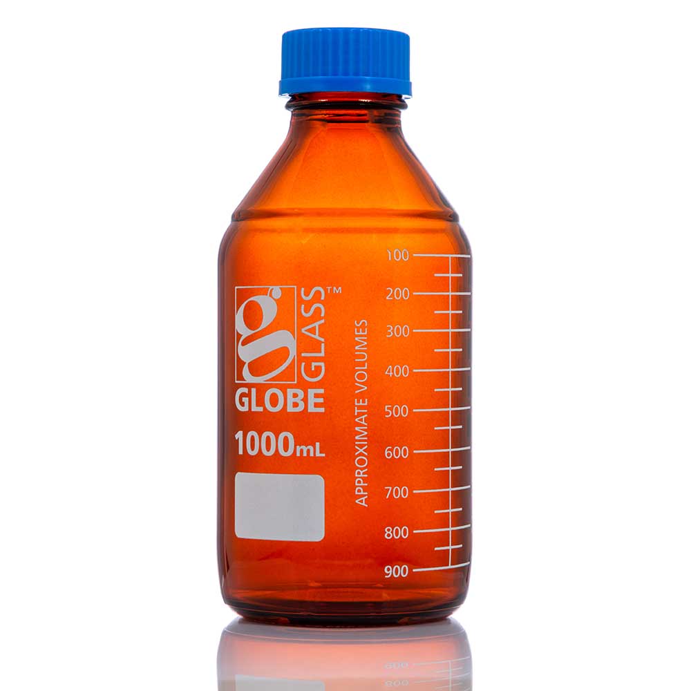 Amber Media Bottles, Borosilicate Glass, GL32/GL45 Screw Cap, Dual Graduations — 50–1000 mL, 10/Box | Globe Scientific