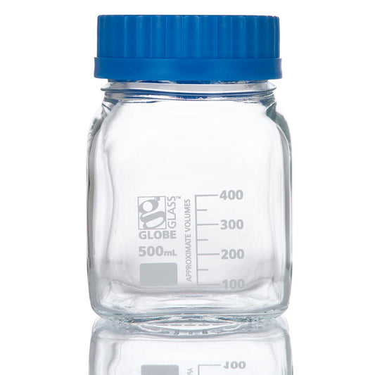 Square Media Bottles, Wide Mouth, Globe Glass — 500 mL, GL80 Screw Cap, 10/Box | Globe Scientific
