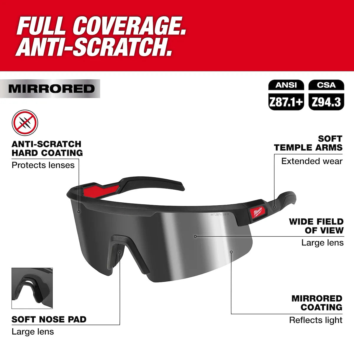 Milwaukee Wrap Around Safety Glasses - Silver Mirrored Anti-Scratch Lenses 48-73-2502
