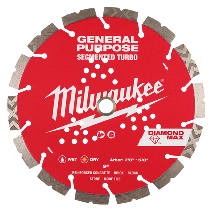 Milwaukee 9" DIAMOND MAX Segmented Turbo, General Purpose Diamond Blade 49-93-9009 | Diamond Coated