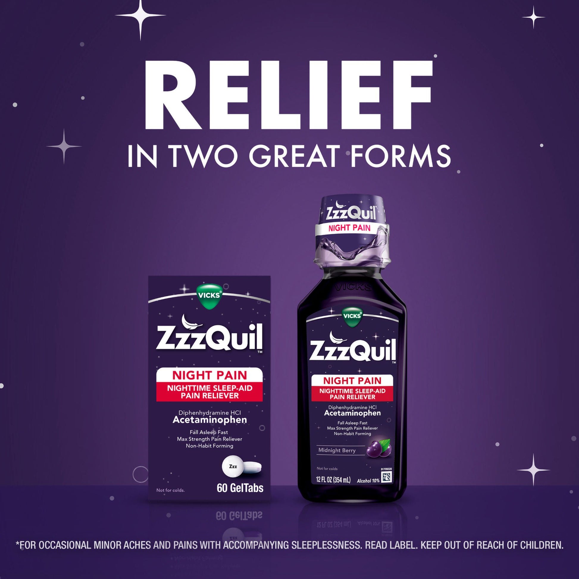 ZzzQuil Night Pain Nighttime Sleep-Aid Pain Reliever Liquid, Midnight Berry