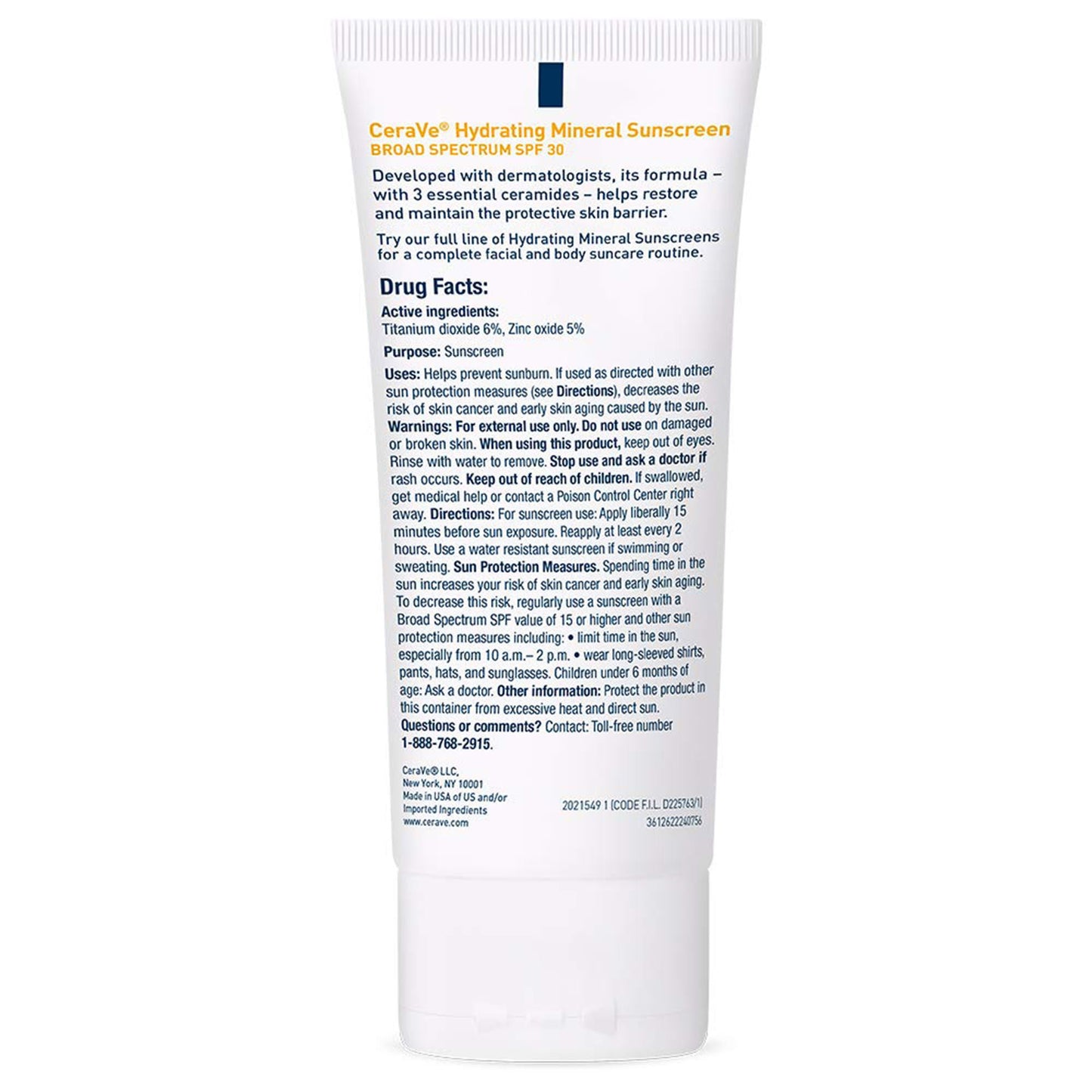 CeraVe® Hydrating Mineral Sunscreen for Face, SPF 50, Tube