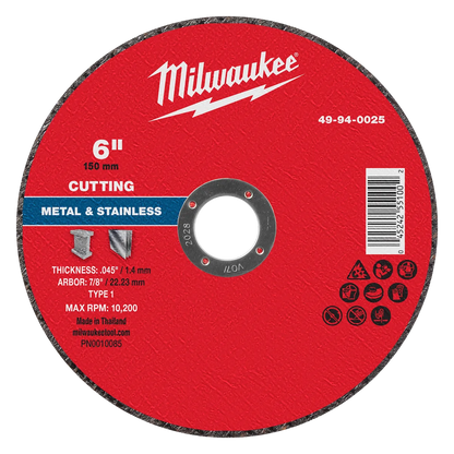 Milwaukee 6" x .045" x 7/8" Metal Cut Off Wheel -Type 1 49-94-0025