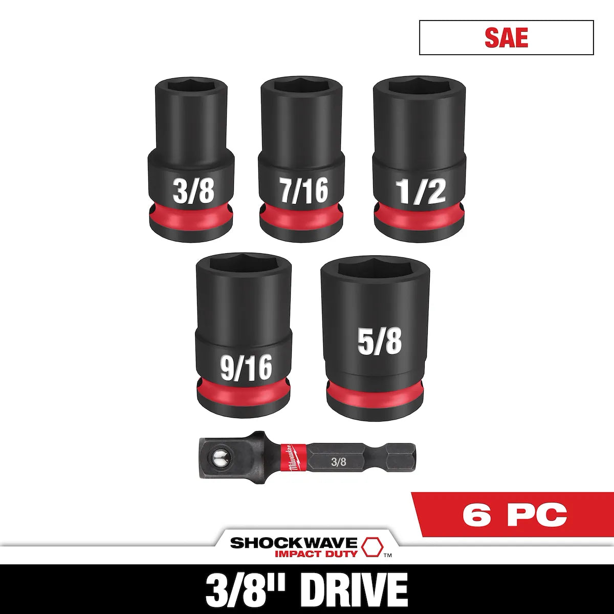 Milwaukee 6PC SHOCKWAVE Impact Duty 3/8" Drive SAE Standard Socket Set 49-66-7035 | 3/8 in Drive, 6-Piece
