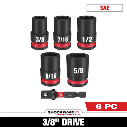 Milwaukee 6PC SHOCKWAVE Impact Duty 3/8" Drive SAE Standard Socket Set 49-66-7035 | 3/8 in Drive, 6-Piece