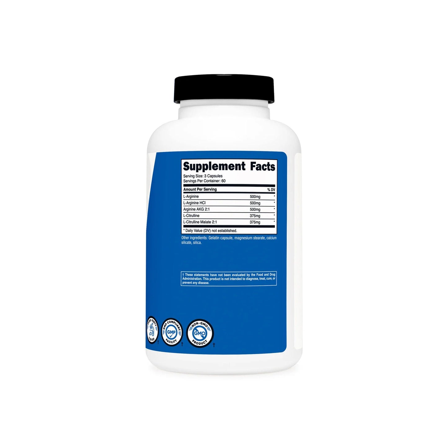 nutricost Nitric Oxide Booster Dietary Supplement L-Arginine - L-Arginine HCl - Arginine AKG 2: -Citrulline - L-Citrulline Malate 2:1 500 mg - 500 mg - 500 mg - 375 mg - 375 mg Strength Capsule