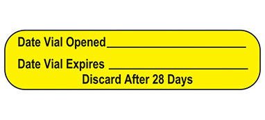 Indeed Pre-Printed / Write On Label Auxiliary Label Yellow Paper Date Vial Opened_____Date Vial Expires____ Discard After 28 Days Black Quality Control Label