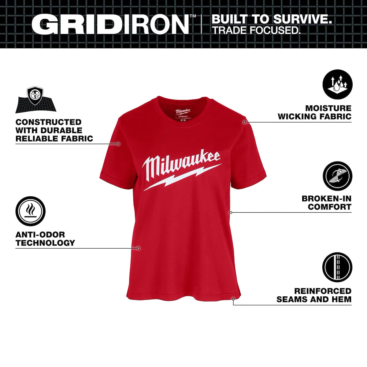Milwaukee Women's GRIDIRON Logo Tee - Short Sleeve Red 2X F453R-2X | Cotton