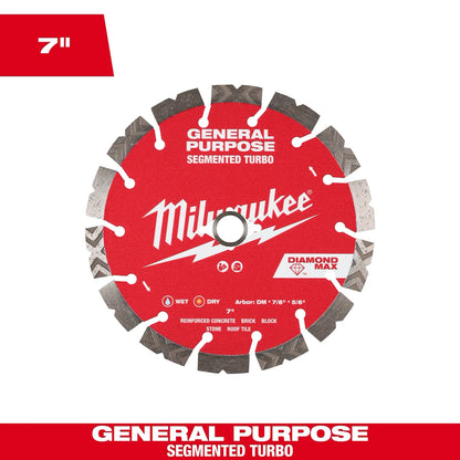 Milwaukee 7" DIAMOND MAX Segmented Turbo, General Purpose Diamond Blade 49-93-9007 | Diamond Coated