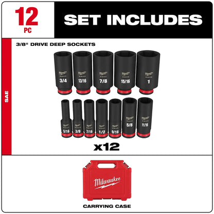 Milwaukee 12PC SHOCKWAVE Impact Duty 3/8" Drive SAE Deep 6 Point Socket Set 49-66-6120