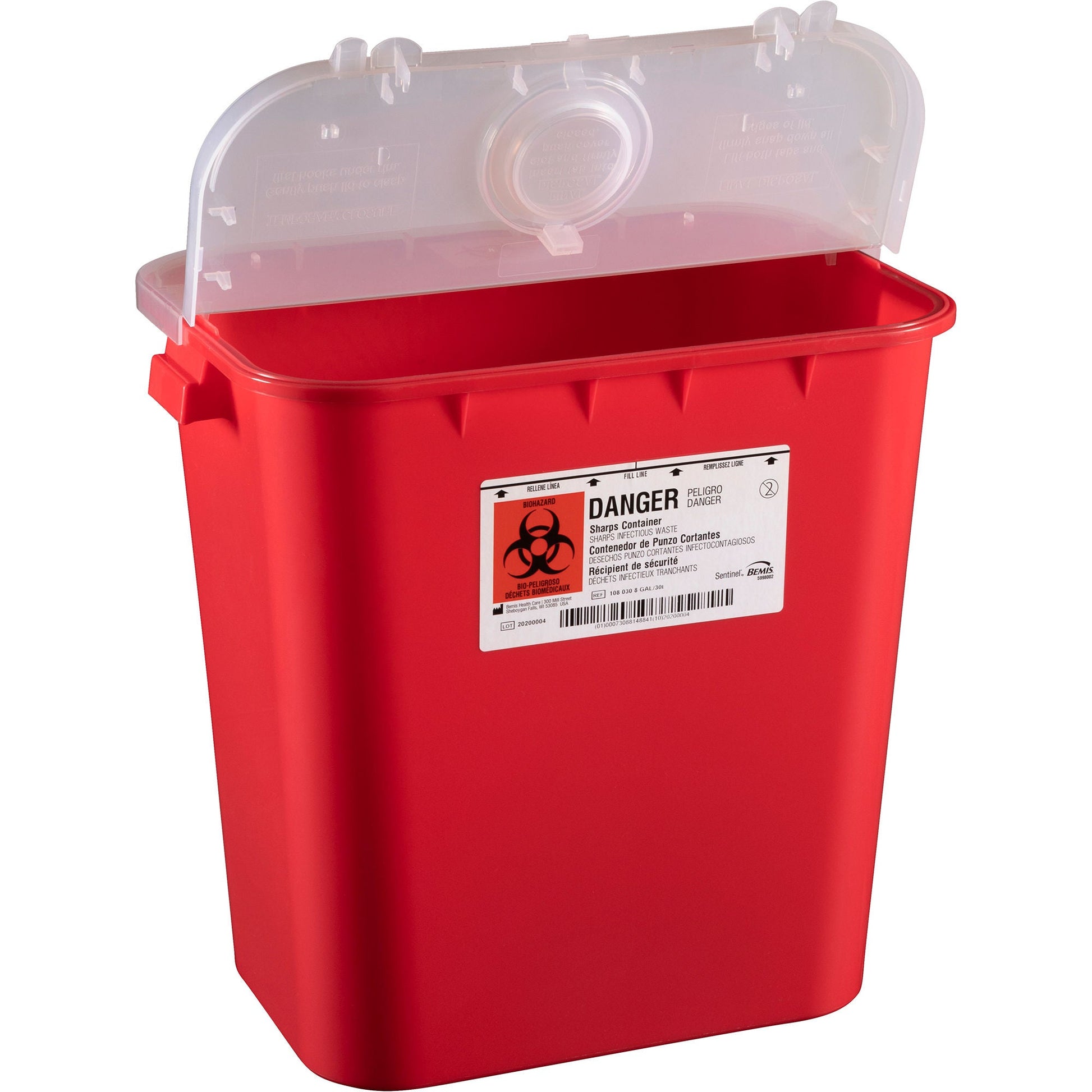 Bemis Sentinel Sharps Container Red Base 15-7/8 H X X 11-13/16 W Inch Vertical Entry 8 gal.