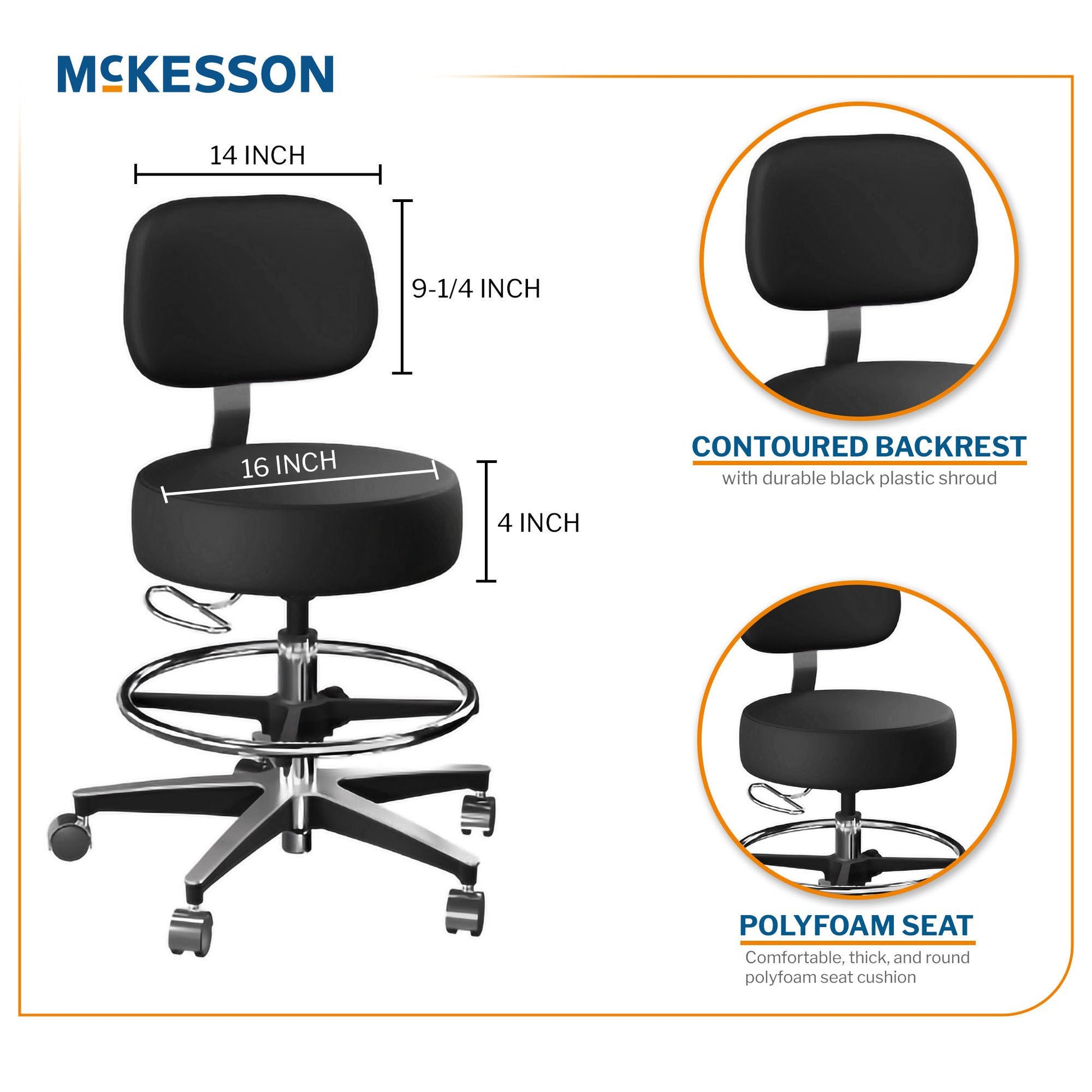 McKesson Exam Stool, Black, with Backrest