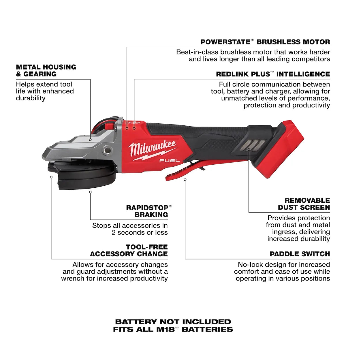 Milwaukee M18 FUEL 5" Flathead Braking Grinder, Paddle Switch No-Lock 2886-20 | M18 Battery, Metal