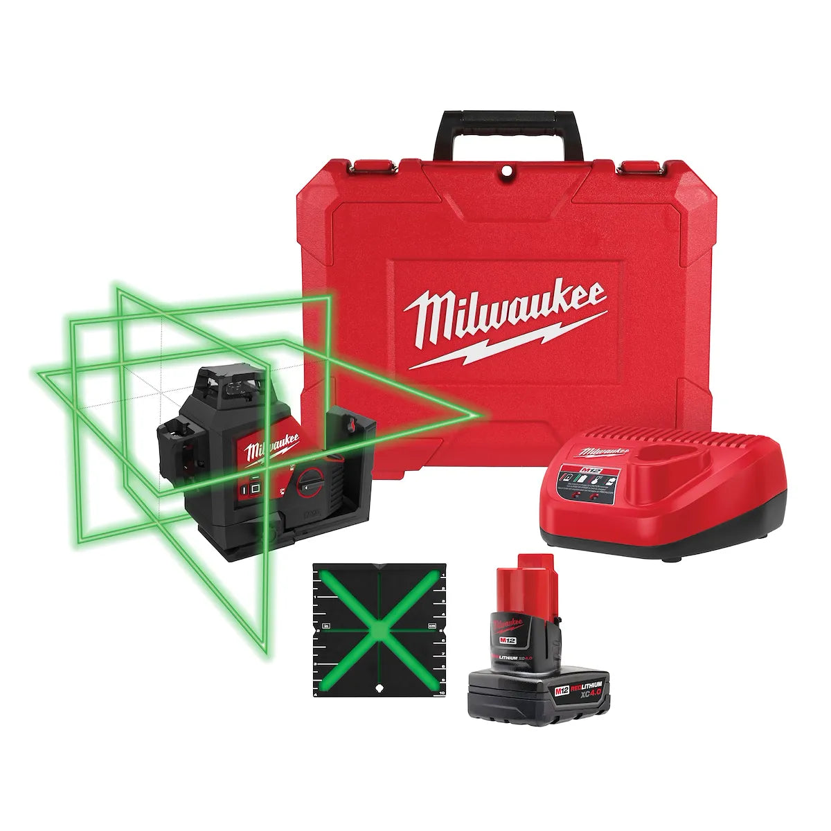 Milwaukee M12 Green 360° 3-Plane Laser Kit 3632-21 | M12 Battery, Glass Filled Nylon