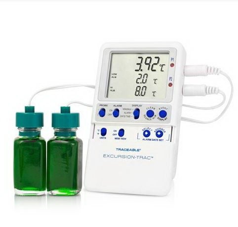 Traceable Excursion-Trac Datalogging Refrigerator / Freezer Thermometer with Alarm Fahrenheit / Celsius -58° to +158°F (-50° to +70°C) 2 Glycol Bottle Probes Multiple Mounting Options Battery Operated