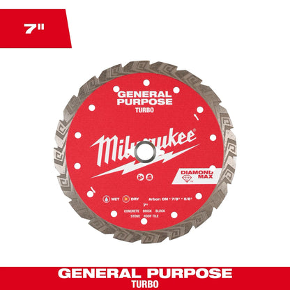 Milwaukee 7" DIAMOND MAX Turbo, General Purpose Diamond Blade 49-93-9107 | Diamond Coated