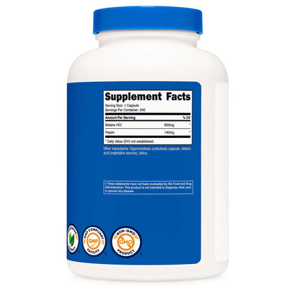 nutricost Dietary Supplement Betaine HCl / Pepsin 790 mg Strength Capsule