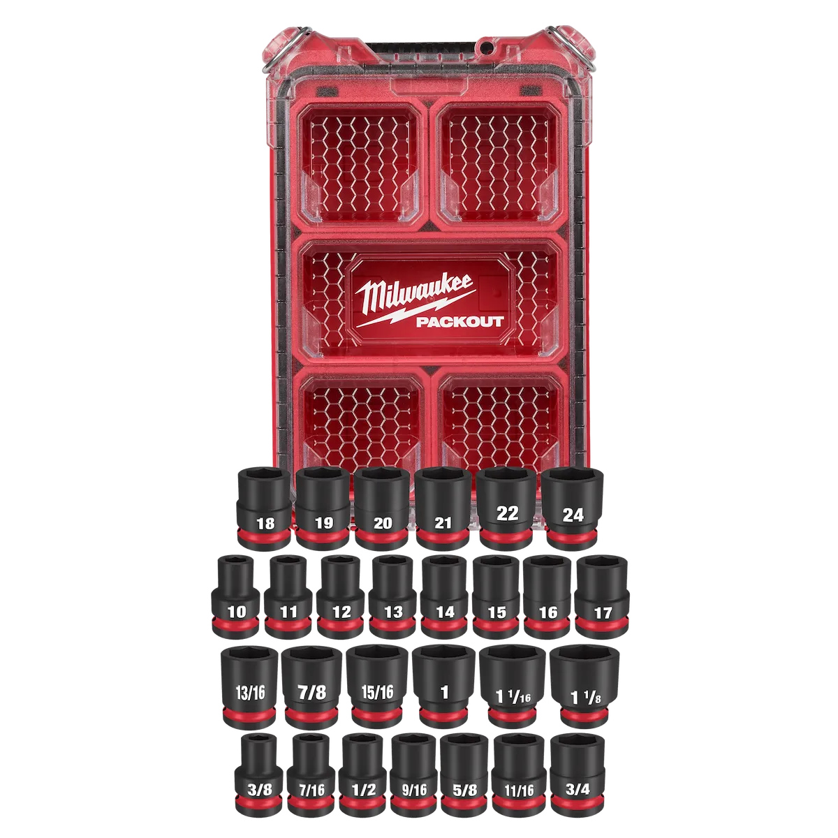 Milwaukee 27PC SHOCKWAVE Impact Duty Socket 1/2” Drive MM & SAE Set with PACKOUT 49-66-6804 | 1/2 in Drive, 27-Piece