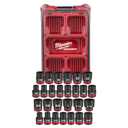 Milwaukee 27PC SHOCKWAVE Impact Duty Socket 1/2” Drive MM & SAE Set with PACKOUT 49-66-6804 | 1/2 in Drive, 27-Piece